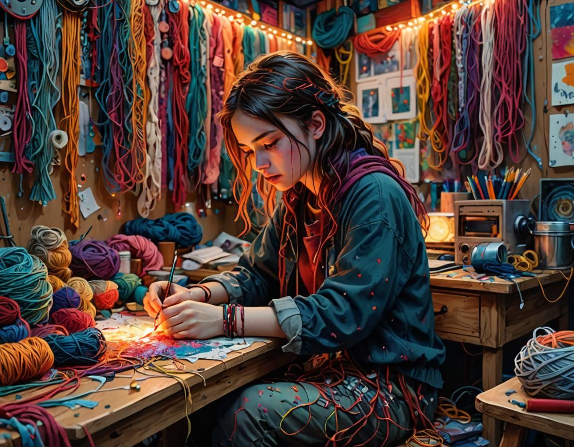 Girl Weaving Threads in Dreamlike Art Nouveau Style