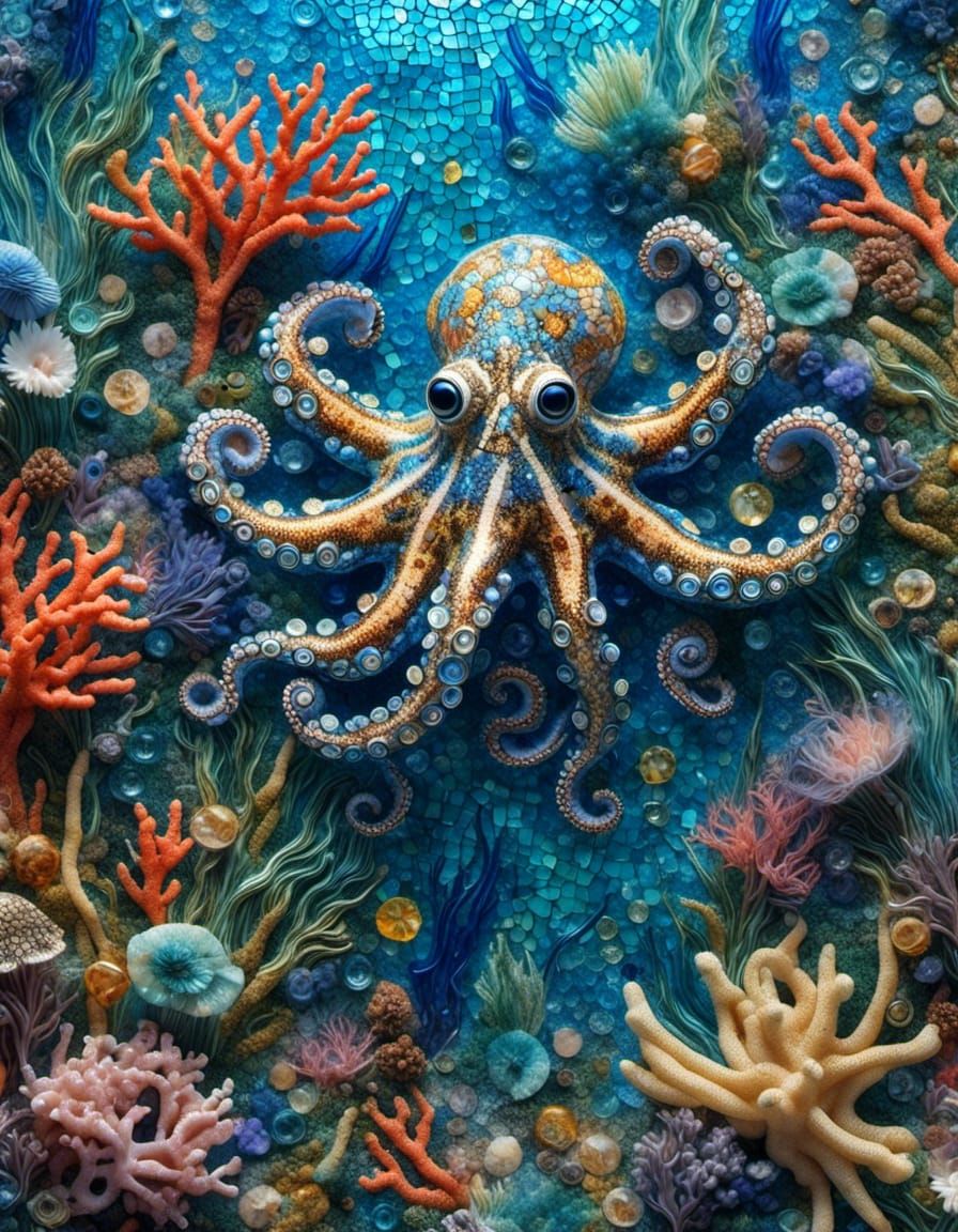 Chibi Blue-Ringed Octopus in Mosaic Blown Glass
