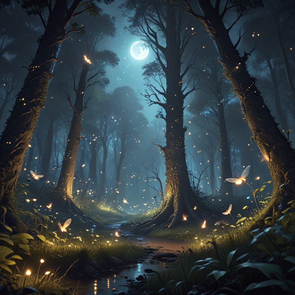 Fantasy Creatures in Moonlit Forest Clearing