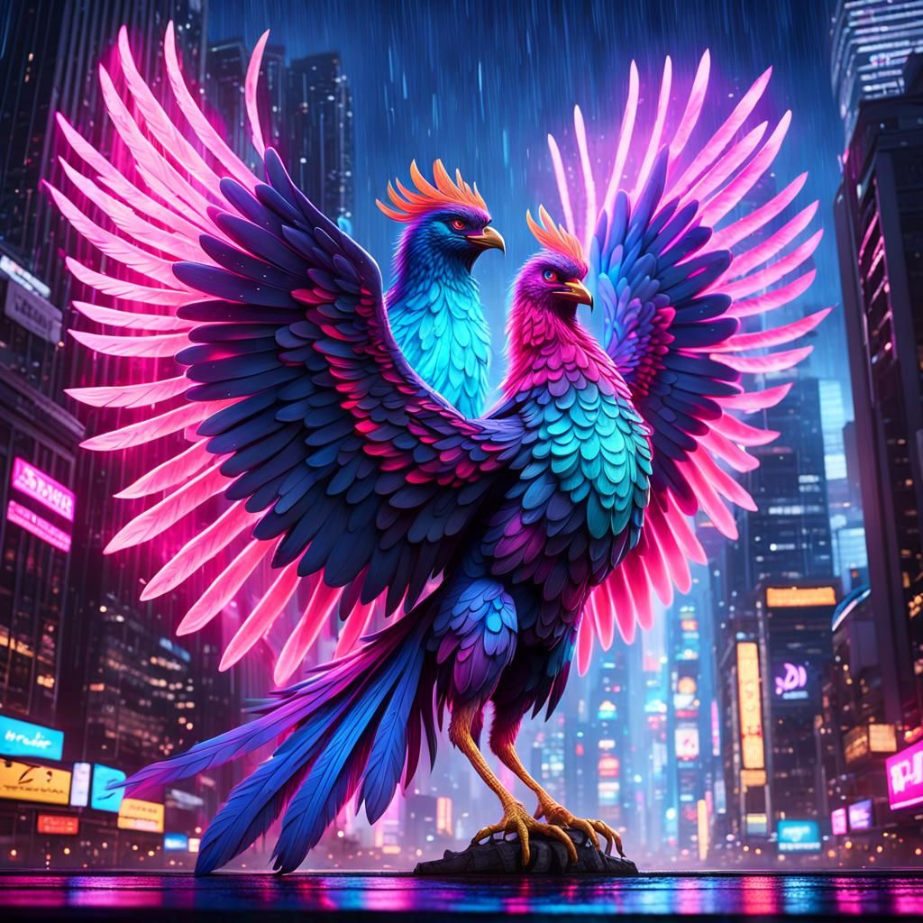 Cyberpunk Phoenix Rises in Neon-Lit Cityscape