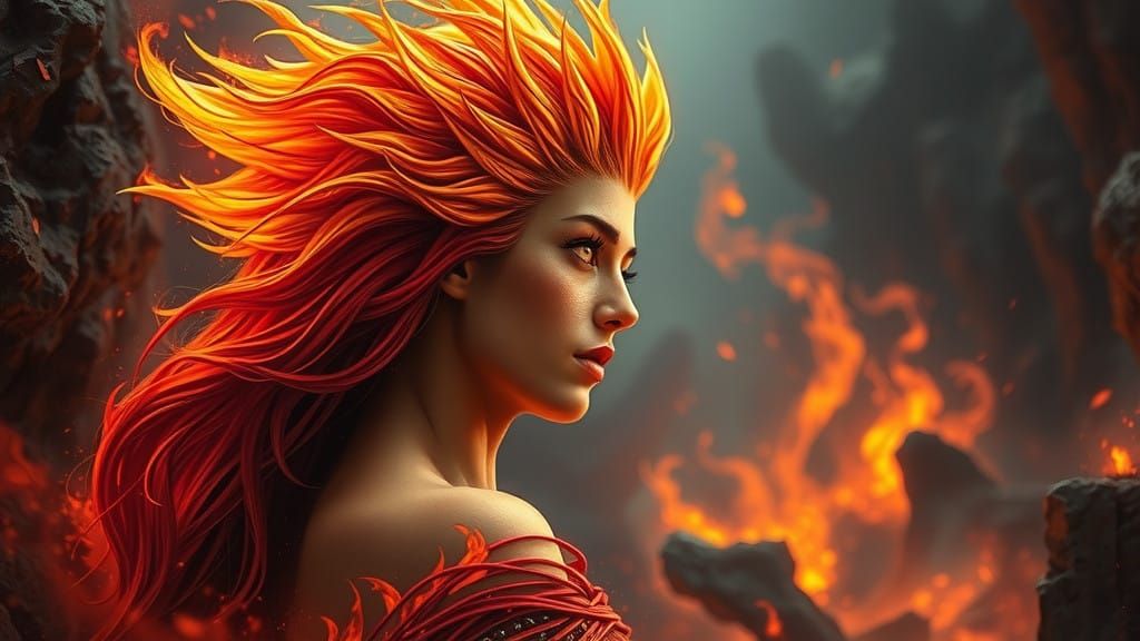 Fiery Phoenix Goddess in Volcanic Landscape