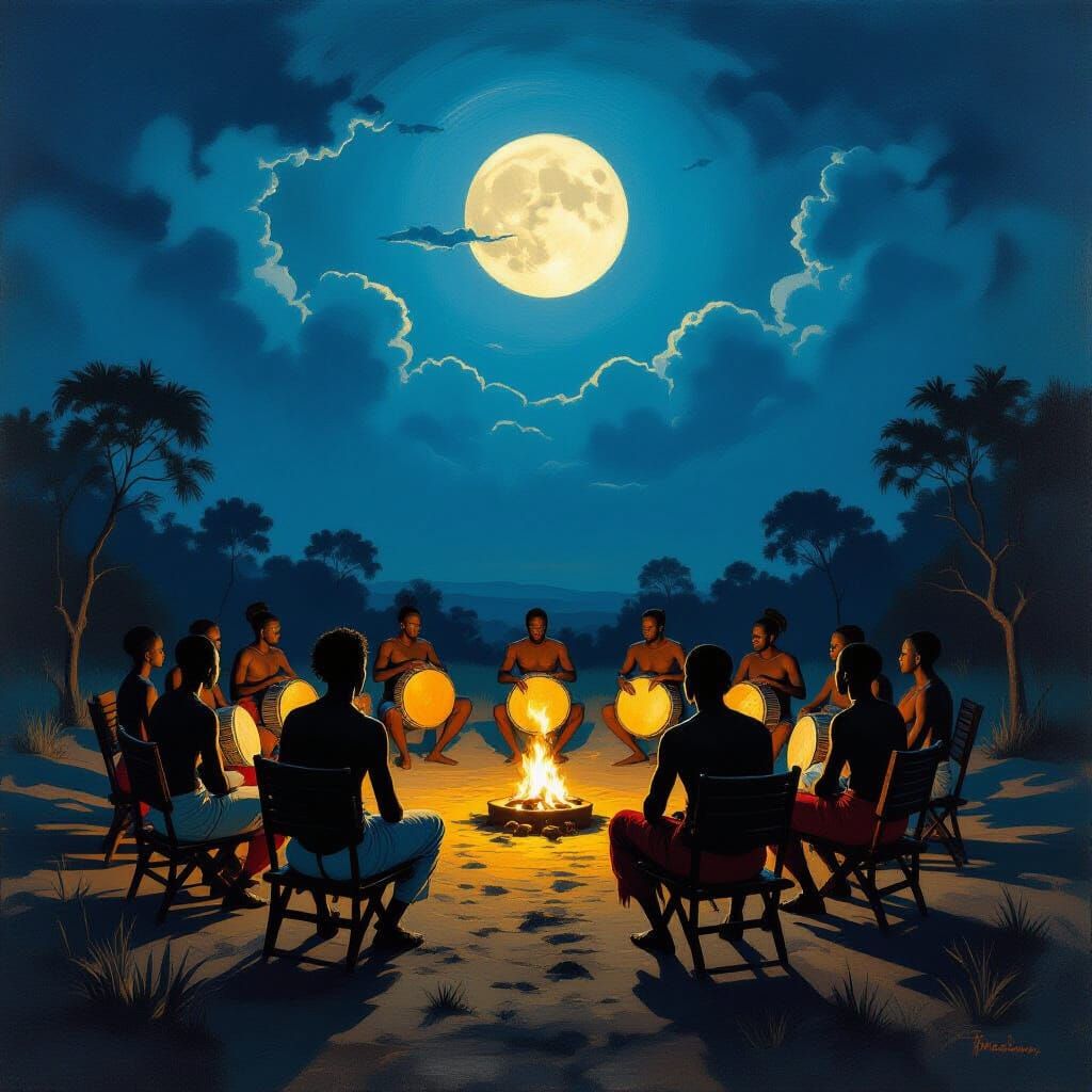 African Drums Circle Under Moonlight, Ghostly Warriors