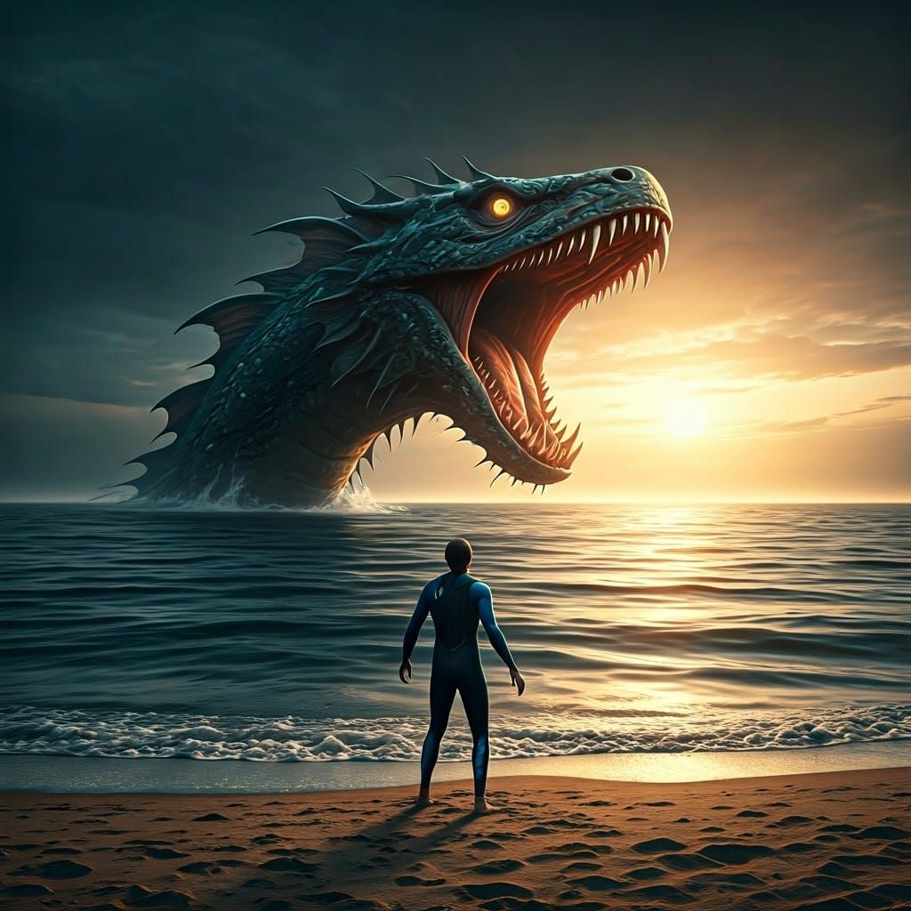 Horrified Swimmer Confronts Giant Sea Serpent