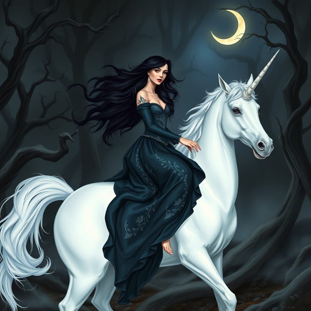 Elegant Woman Rides Unicorn Through Dark Fantasy Landscape