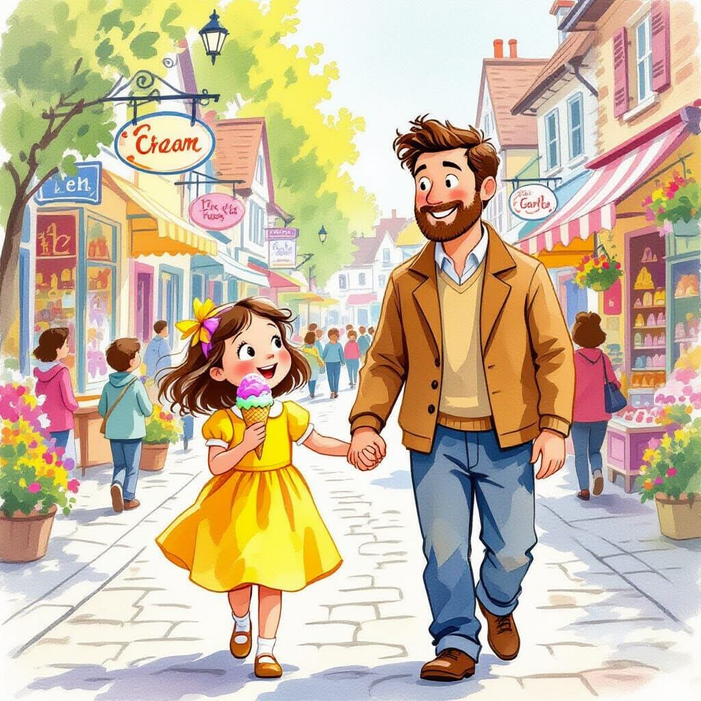 Joyful Girl with Ice Cream in Whimsical Illustration Style