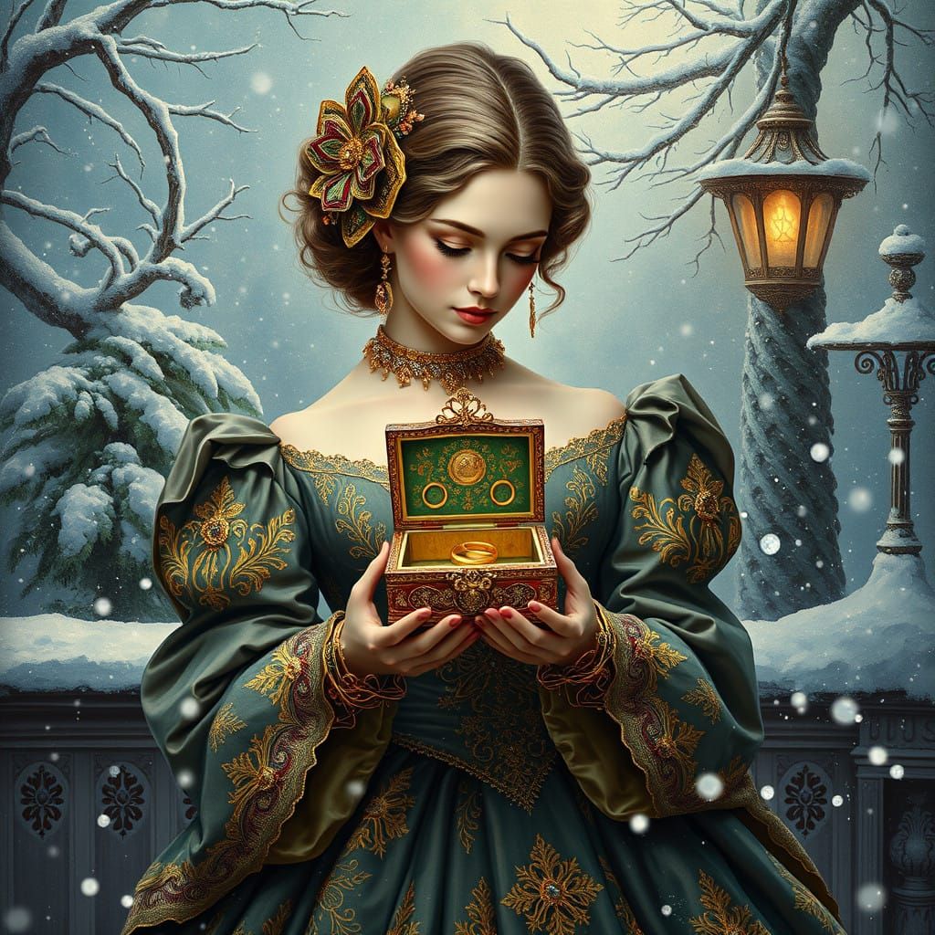 Elegant 18th-Century Woman in Whimsical Winter Wonderland
