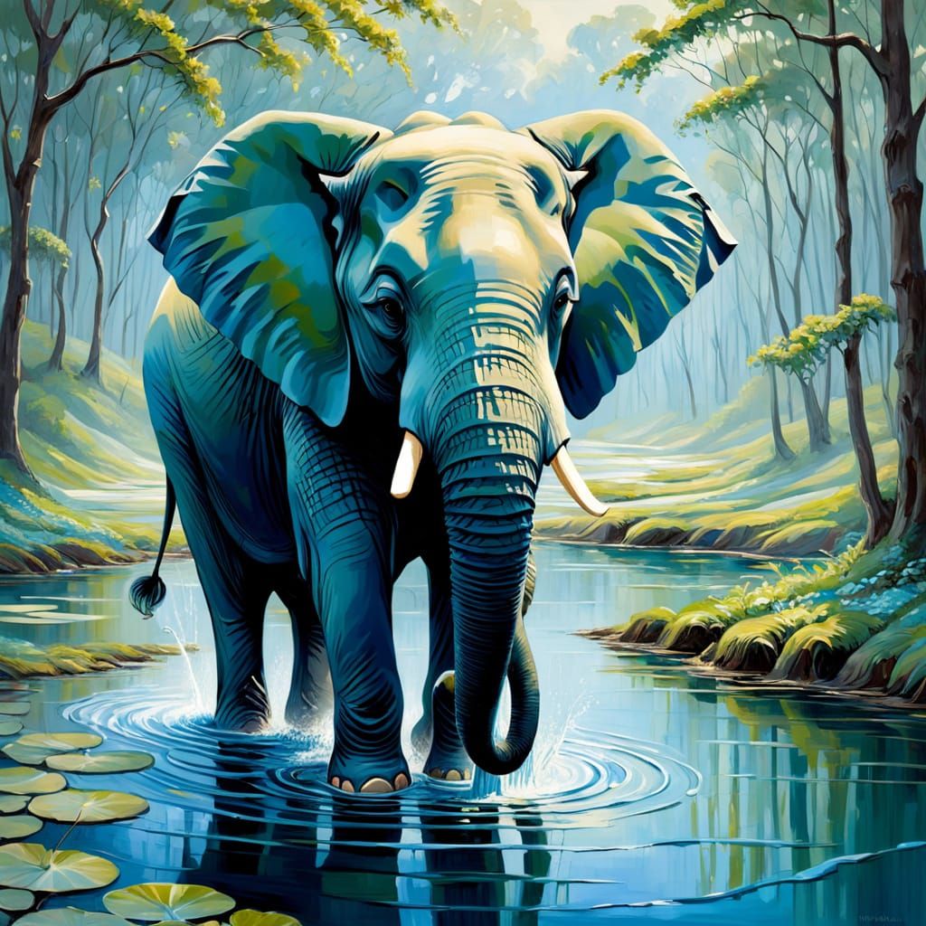 Richly textured somewhat impasto oil painting of an elephant...