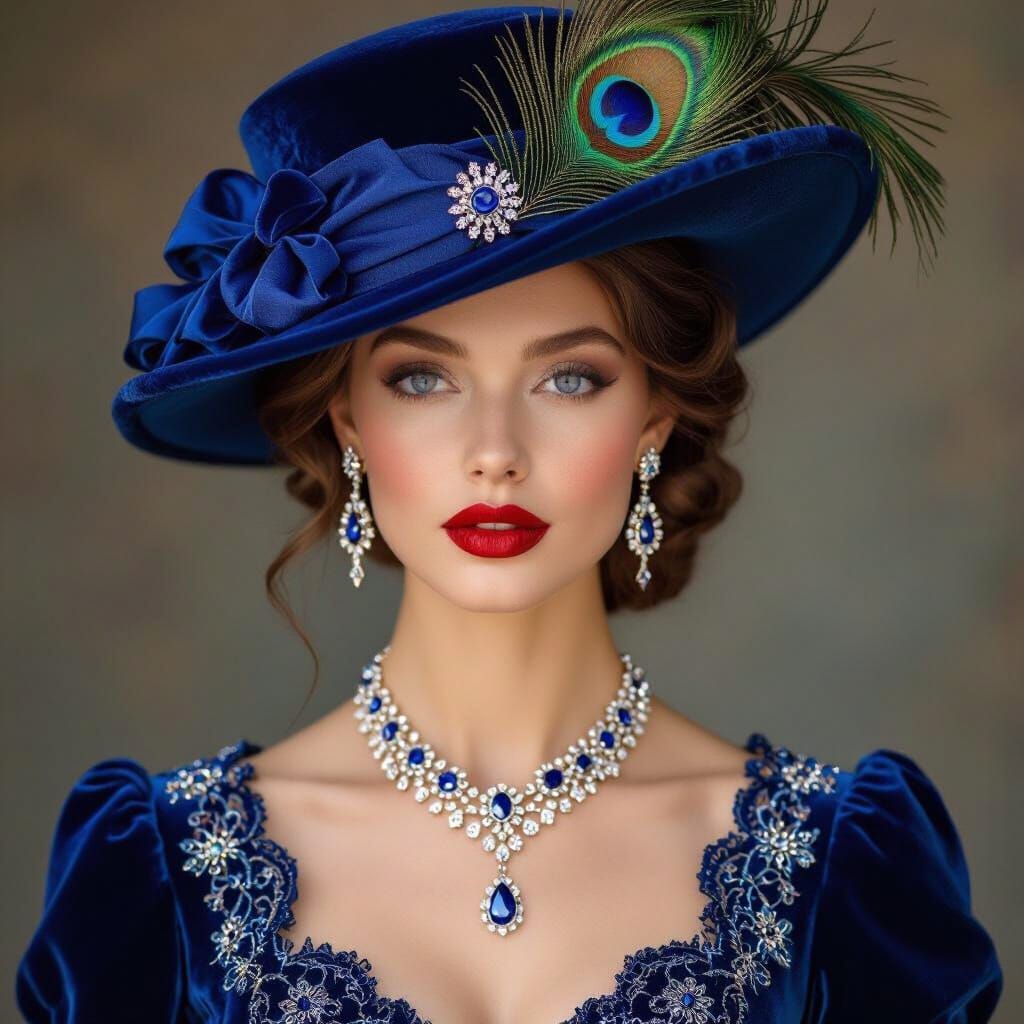 Victorian Woman with Sapphire Jewelry in Art Nouveau Style