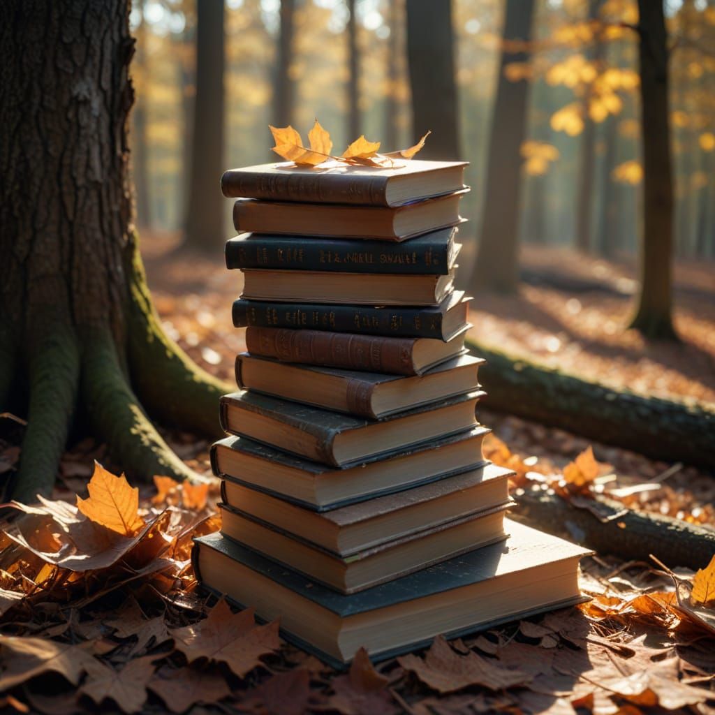 Autumn Forest Books Stacked in Moody Cinematic Scene