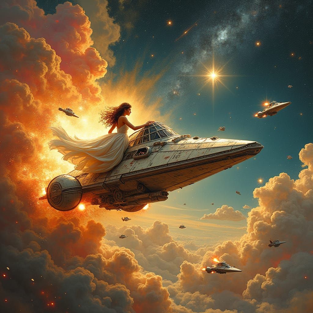 Steampunk Princess in Spaceship Battle: Mucha and Klimt Styl...