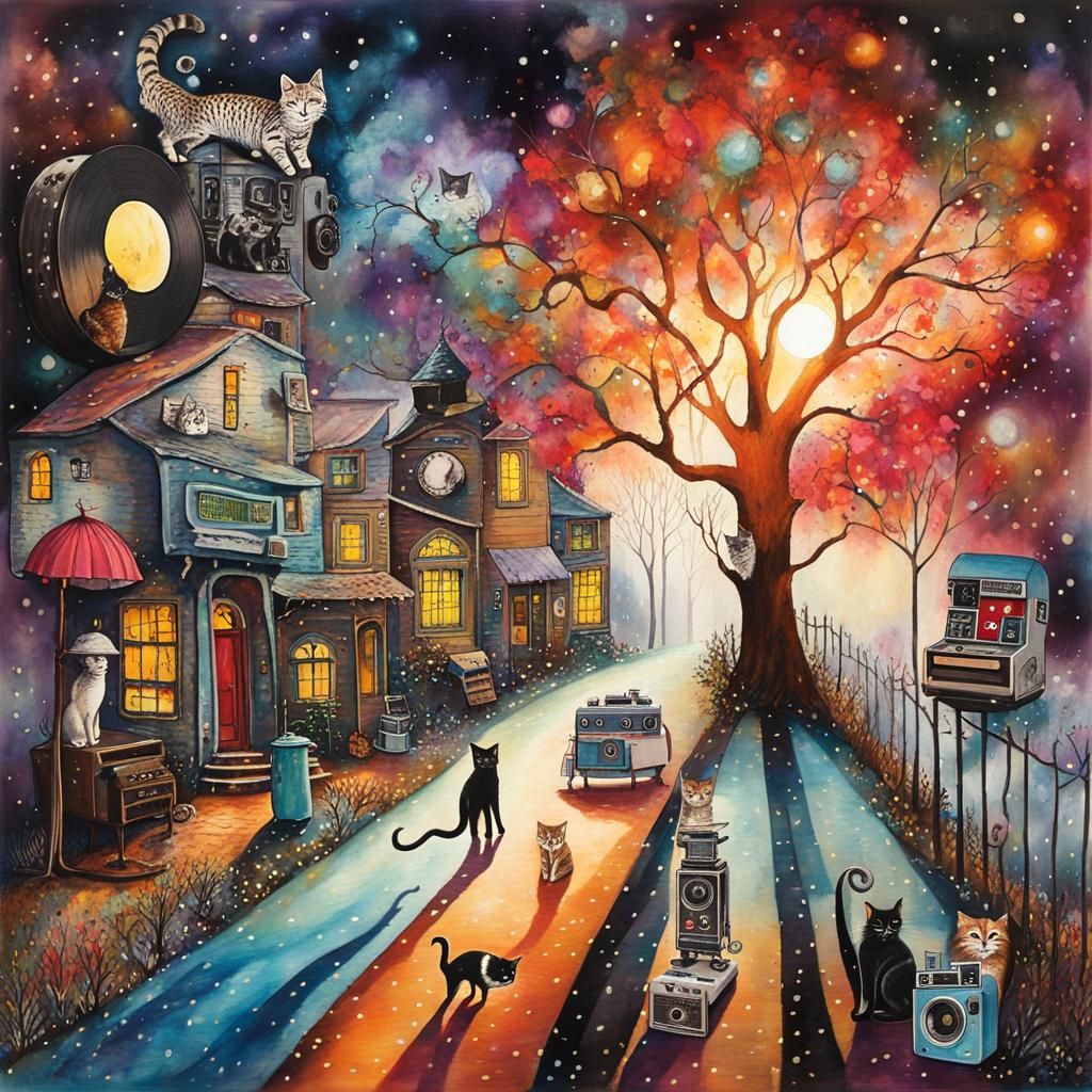 Vintage Tech and Whimsical Cats in Alcohol Ink Style