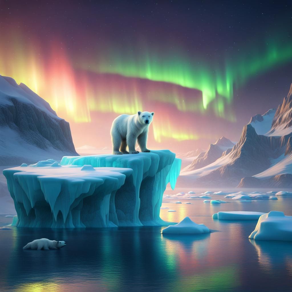 Polar Bear Cub and Northern Lights, Matte Painting