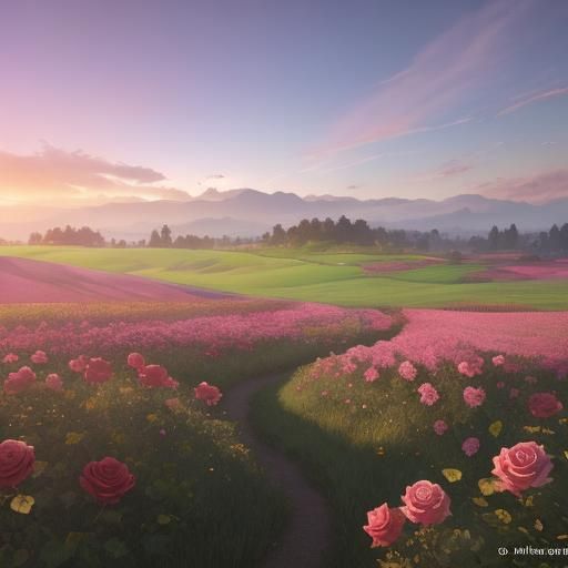 Watercolor Meadow at Dawn in Double Exposure Style