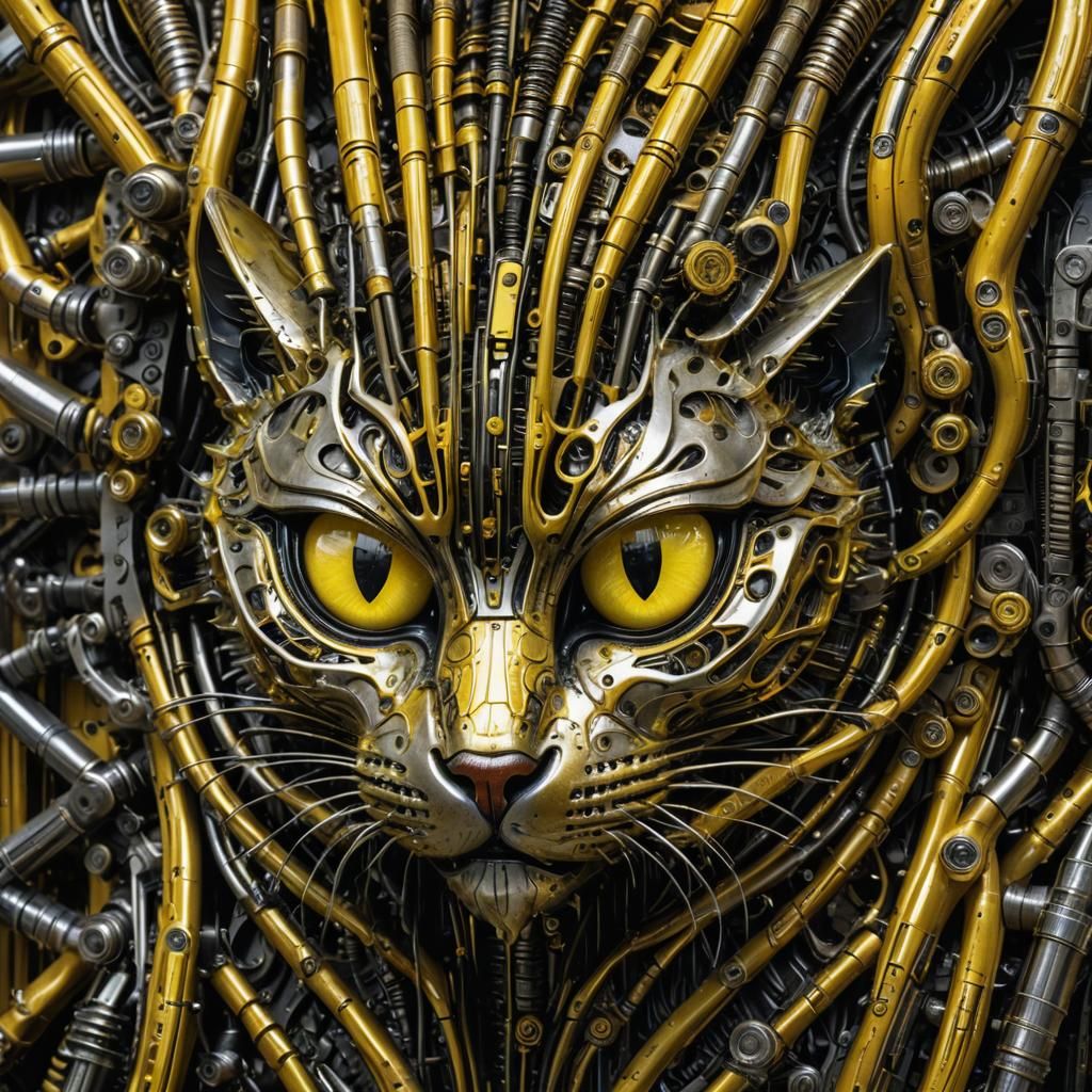 Biomechanical Cyber-Cat Sculpture in Giger Style