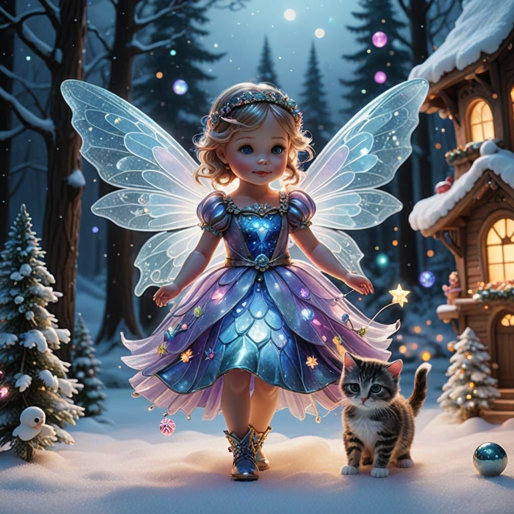 Glowing Glass Fairy Plays with Kittens in Whimsical Christma...