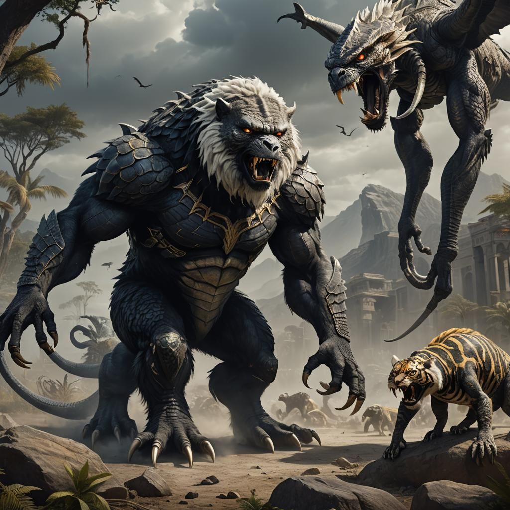 Colossal Hybrid Monster in Dark Forest: Digital Art