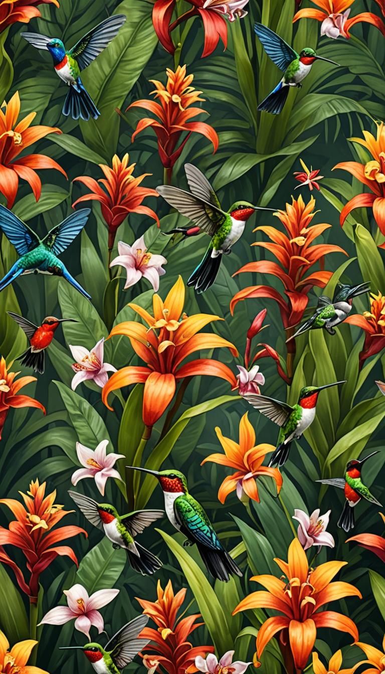Hummingbirds and Exotic Tropical Flowers