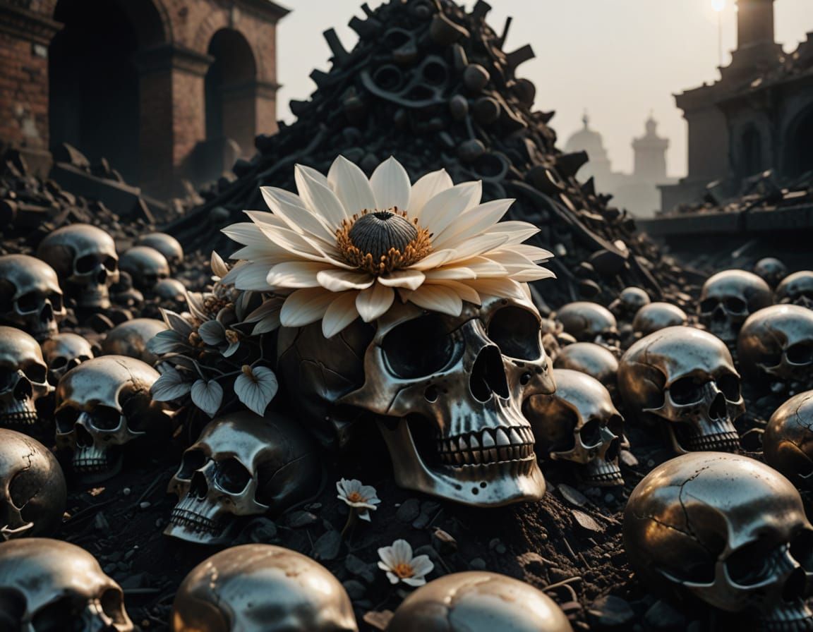 Surreal Flower on Skulls in Hyper-Realistic 3D