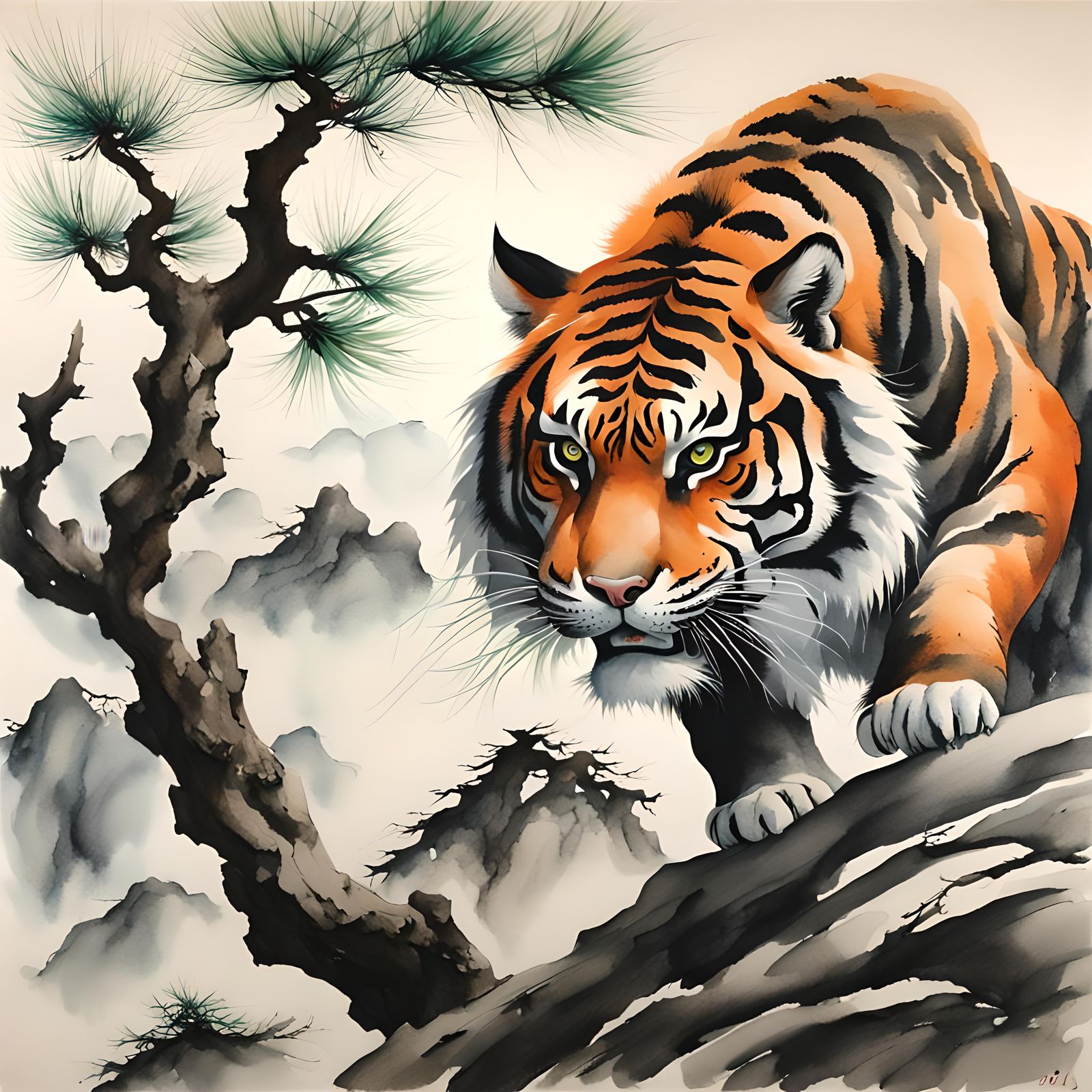 Fierce Tiger Prowling in Watercolor Painting