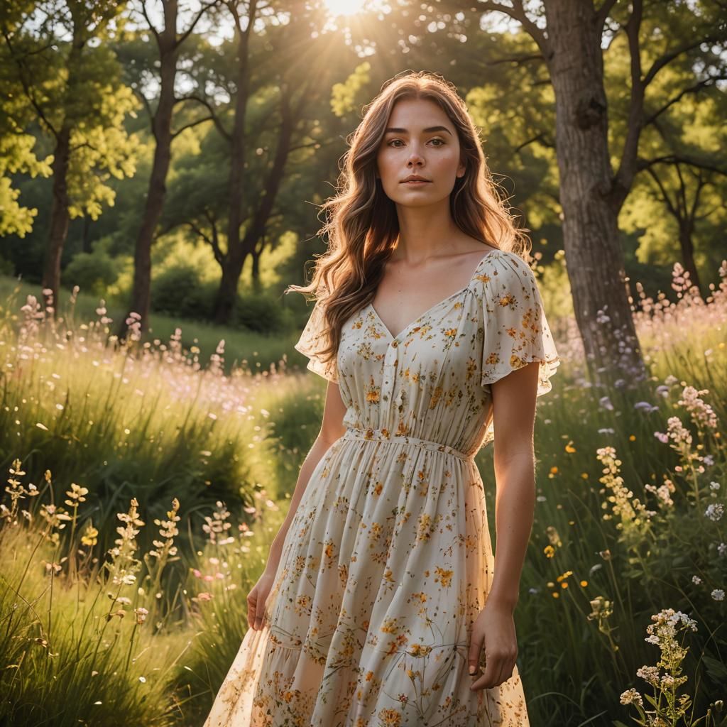 Girl in Summer Dress on Wildflower Hill