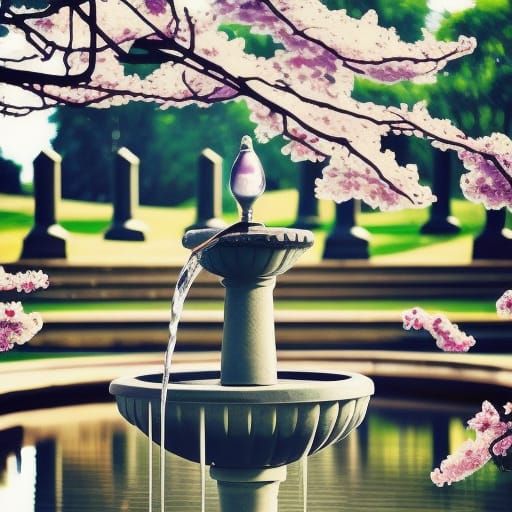 Water fountain with Beautiful crystal clear blue water& large water spout& Beautiful garden surrounding it& Beautiful ch...