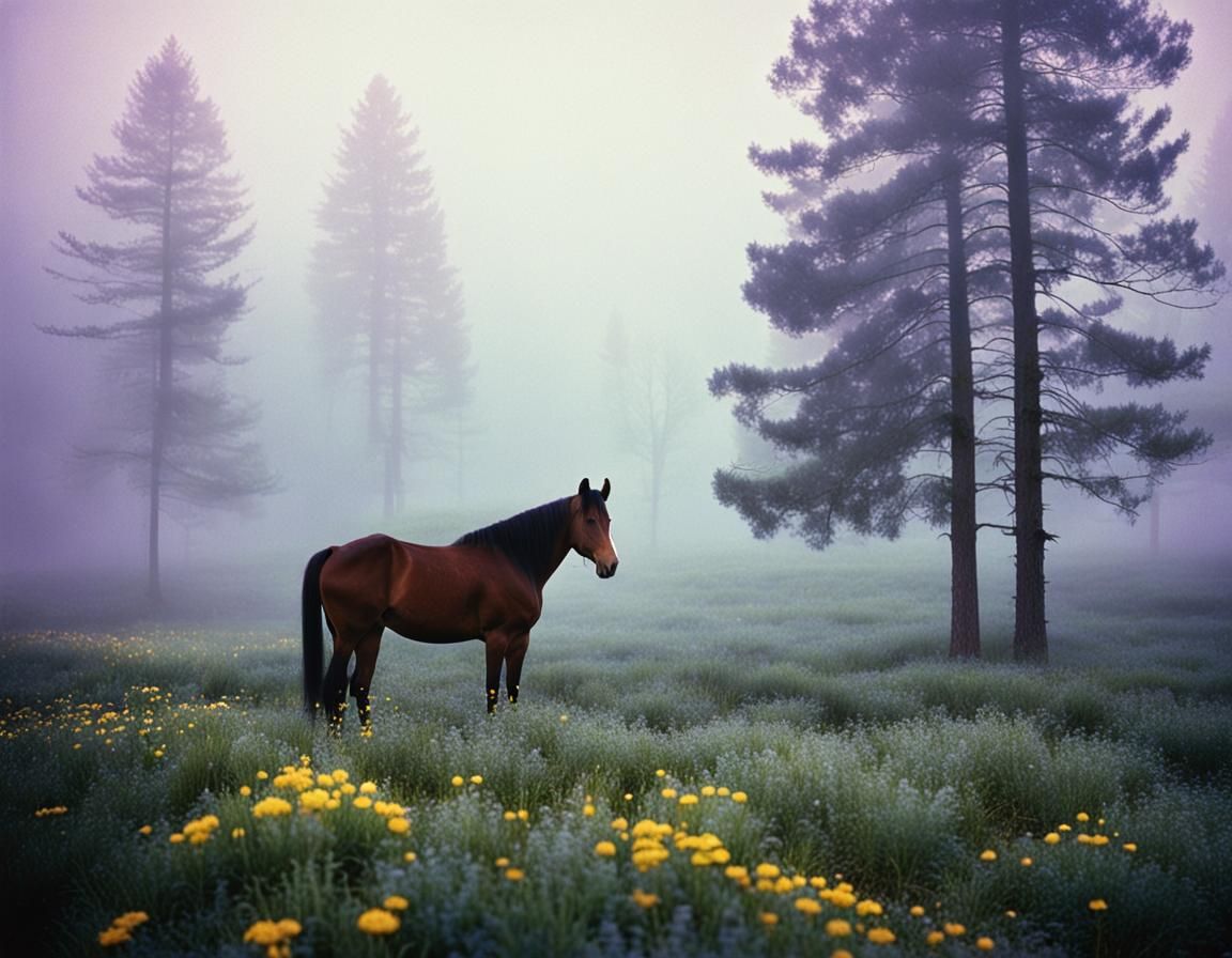 Horse in Misty Valley of Flowers