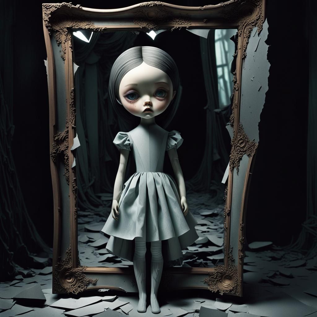 Distorted Doll Face in Shattered Mirror: Dark Surrealism