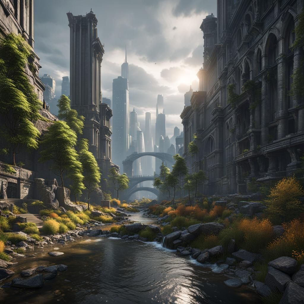 City Versus Nature in Detailed 3D Rendering