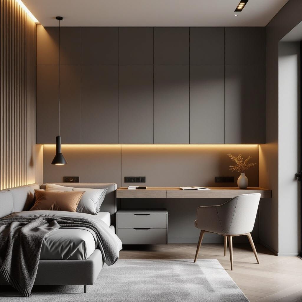 Sophisticated Modern Bedroom with Wood and Matte Gray Design
