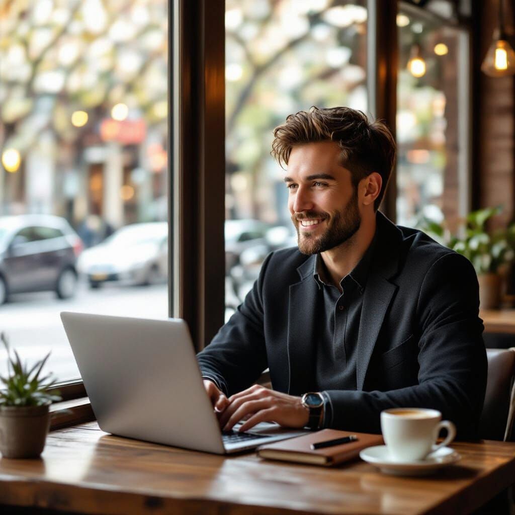 Calm Professional at Cafe in Soft Morning Light