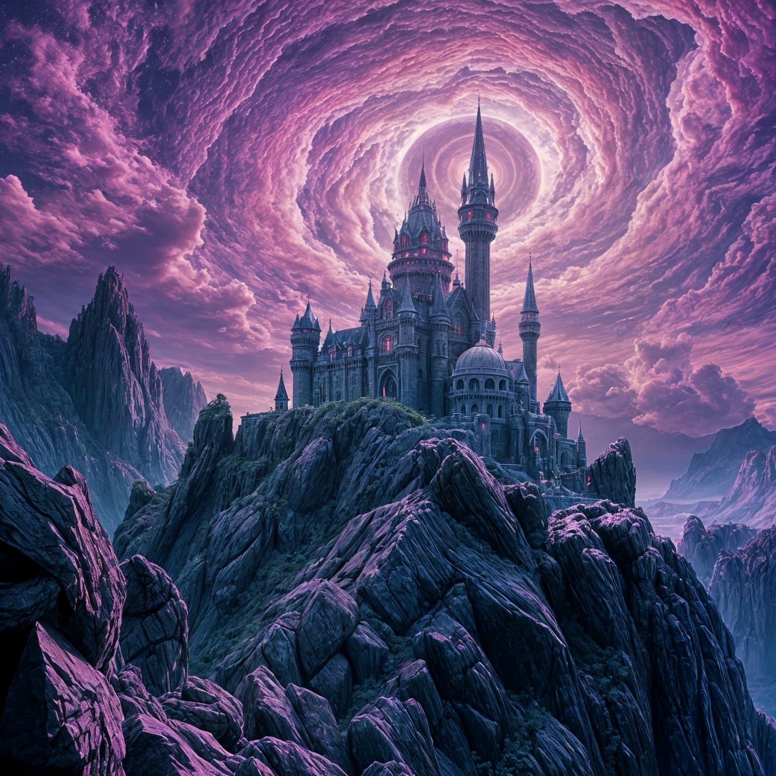 Futuristic Castle Under Purple Sky, Astral Cosmic Illustrati...