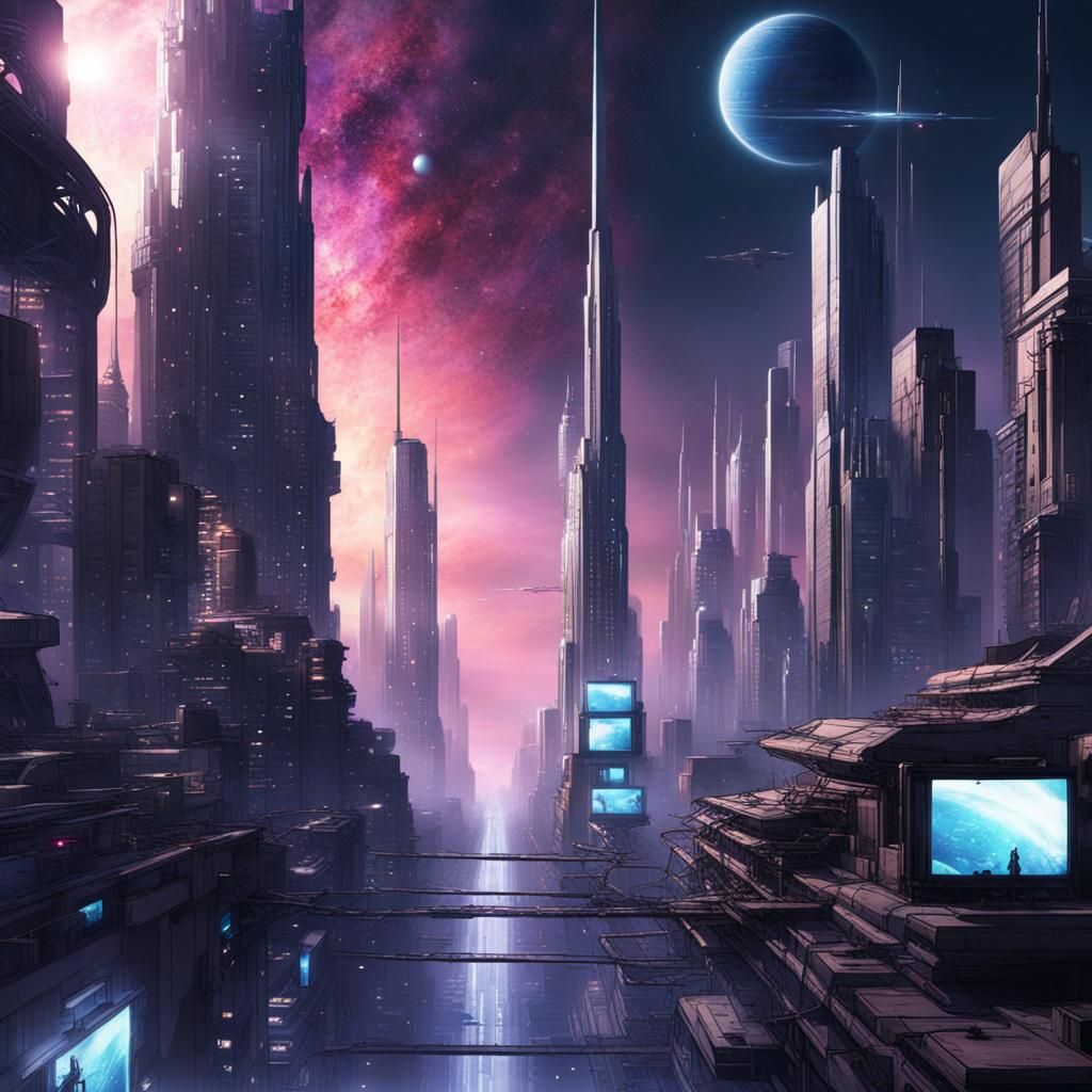 Cyberpunk Galaxy: High-Tech Cityscape Beyond Earth