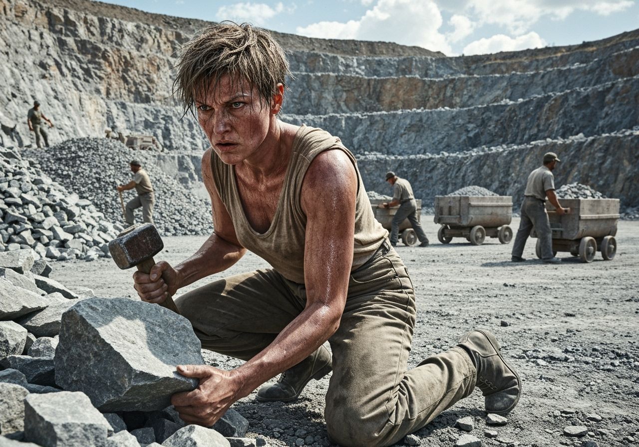 Brawny Woman Busting Stones in a Gritty Quarry