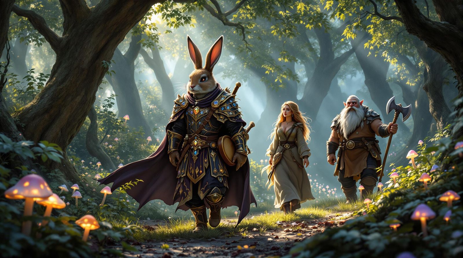 Regal Warrior Rabbit and Mystic Bard in Enchanted Forest
