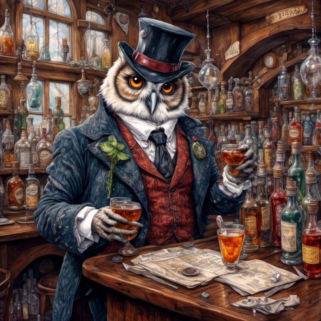 Victorian Owl Bartender in Cartoon Style