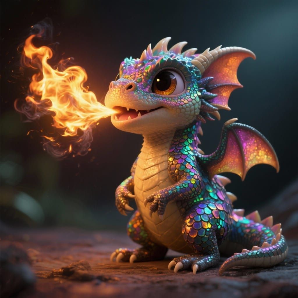 Realistic Baby Dragon Blowing Fire, 3D Render