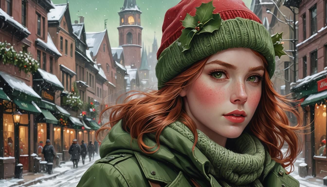 Festive Winter Portrait of Ginger-Haired Woman