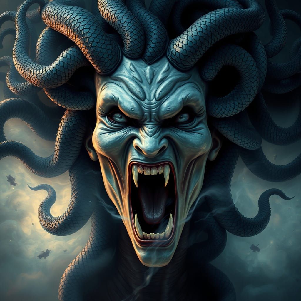 Medusa's Tormented Face in Shimmering, Ethereal Realms
