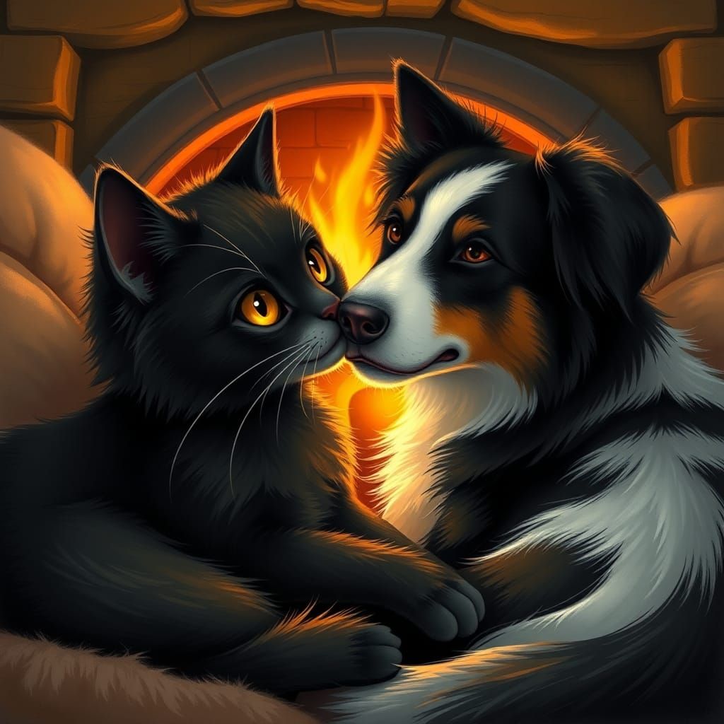 Snuggling Black Cat and Border Collie by Fireplace