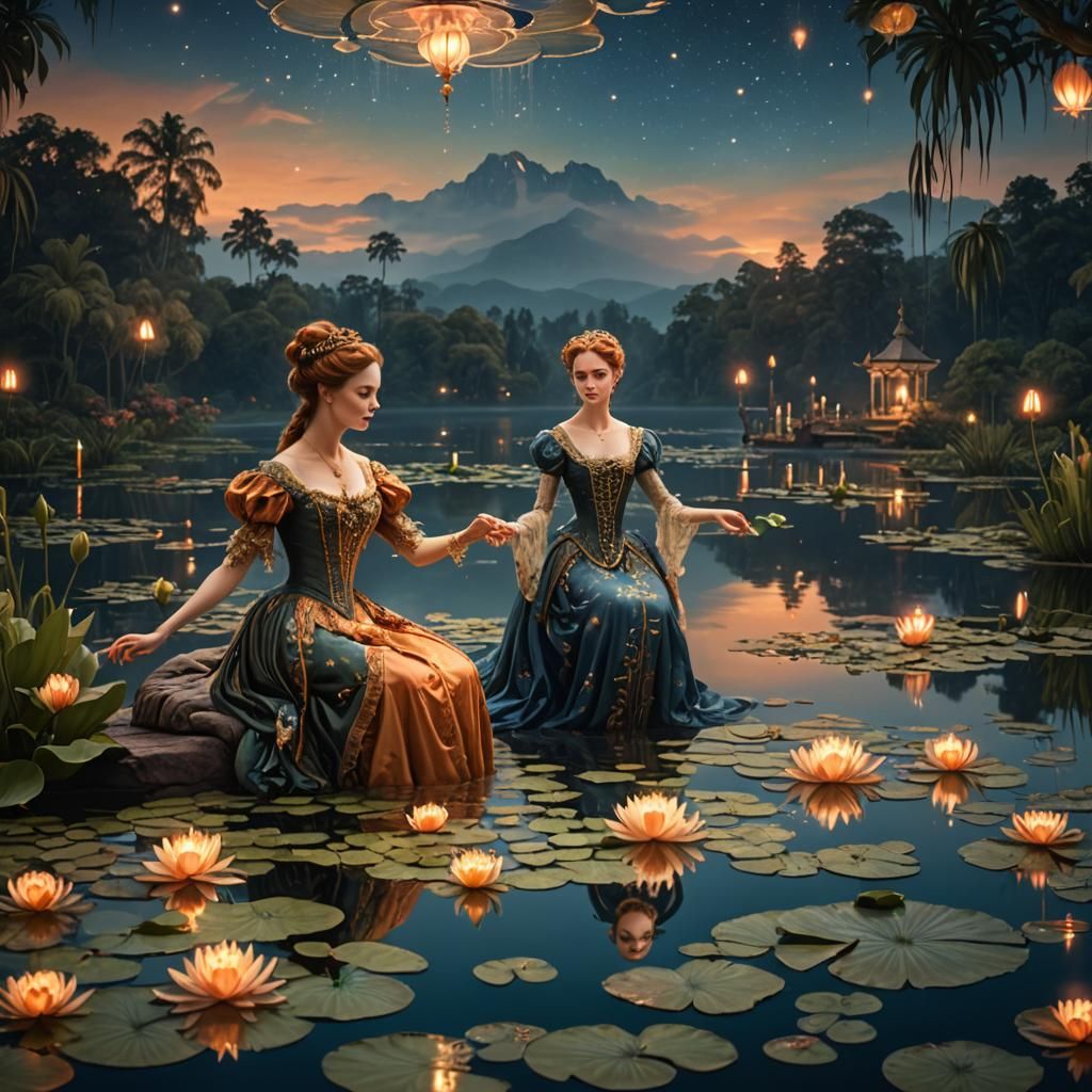 Dreamlike Victorian Ladies on Lily Pads at Night
