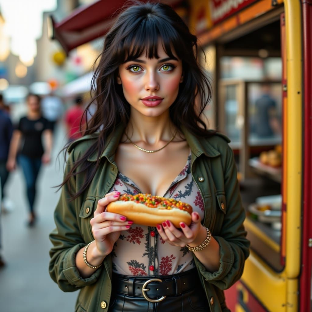 Woman Enjoys New York Hot Dog in Studio Portrait
