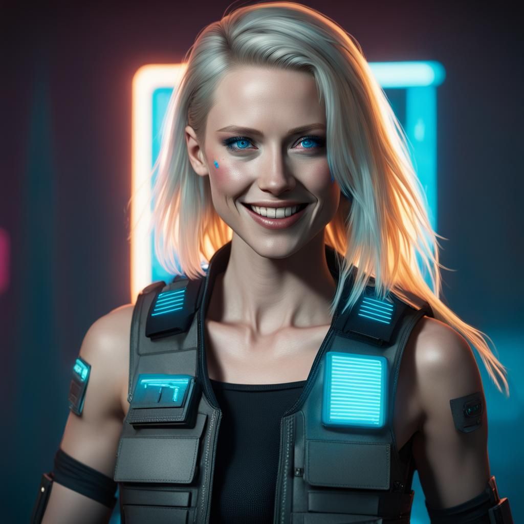 Cyberpunk Woman with Glowing Eyes in Neon Cityscape