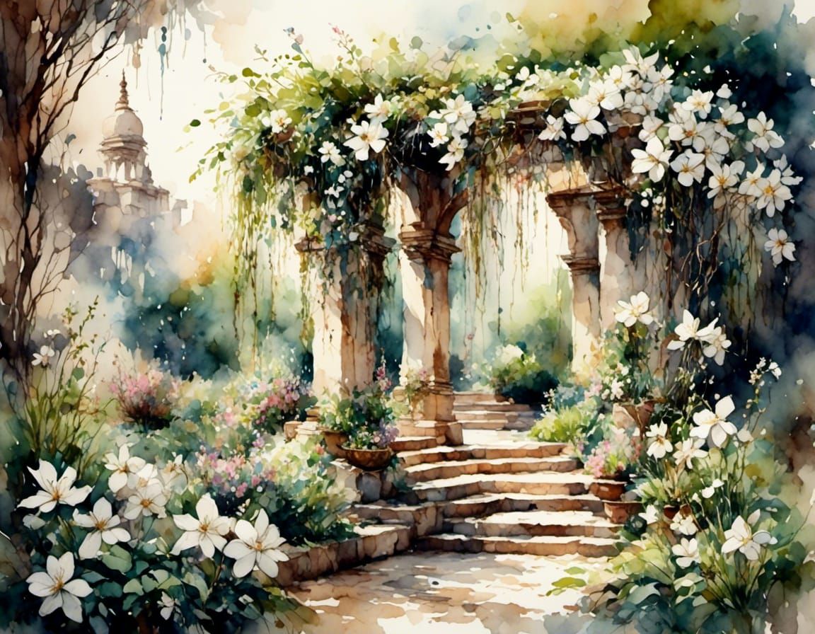 Jasmine Flowers in Antique Watercolor Style