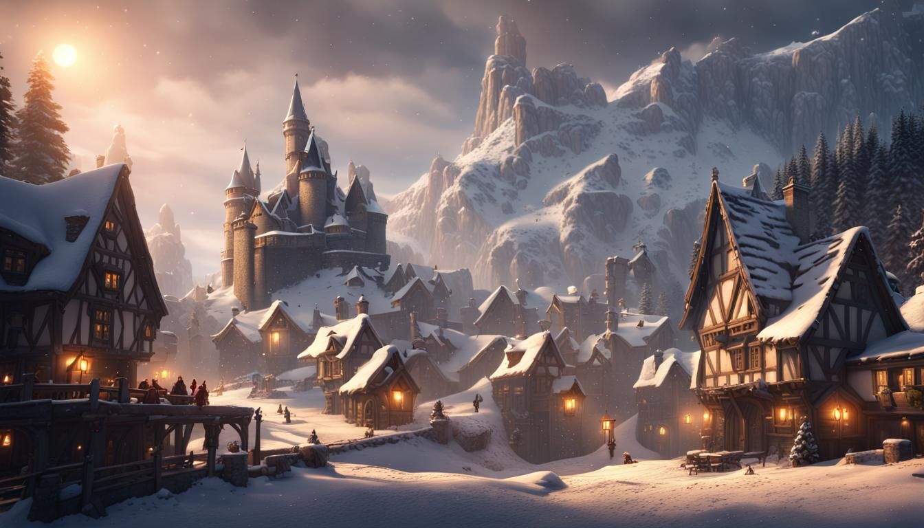 Snowy Village Castle: Fantasy Matte Painting