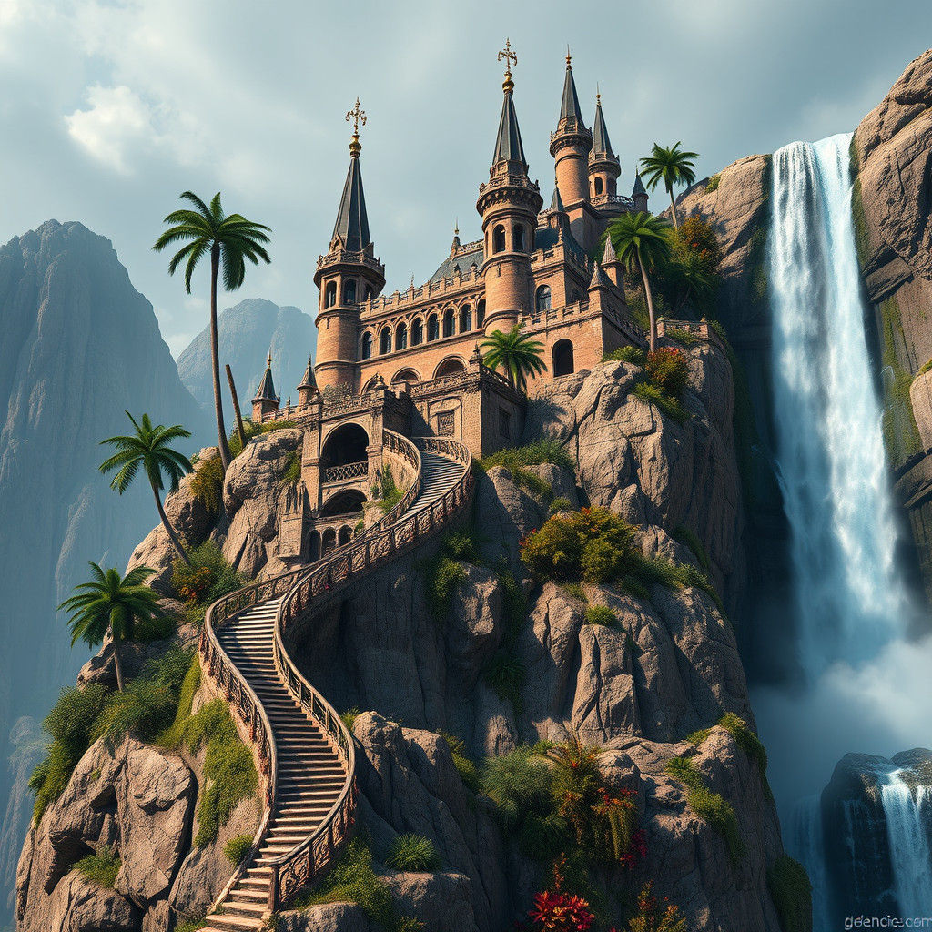 Majestic Staircase to Baroque Gothic Mountain Castle