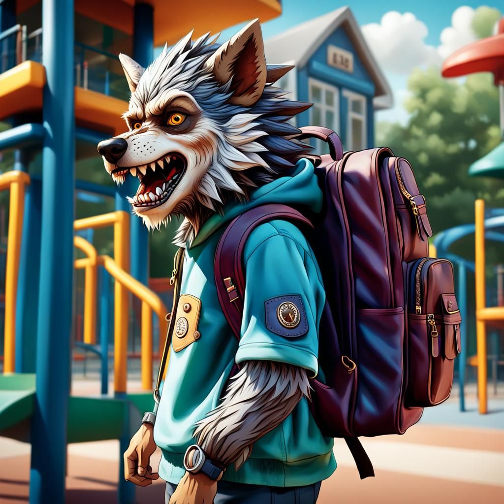 Werewolf Student in Playground: Hyperrealistic Splash Art
