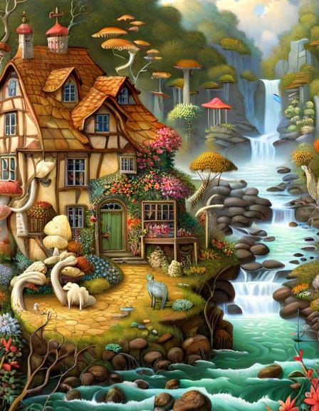 Whimsical Forest Scene with Colorful Mushrooms