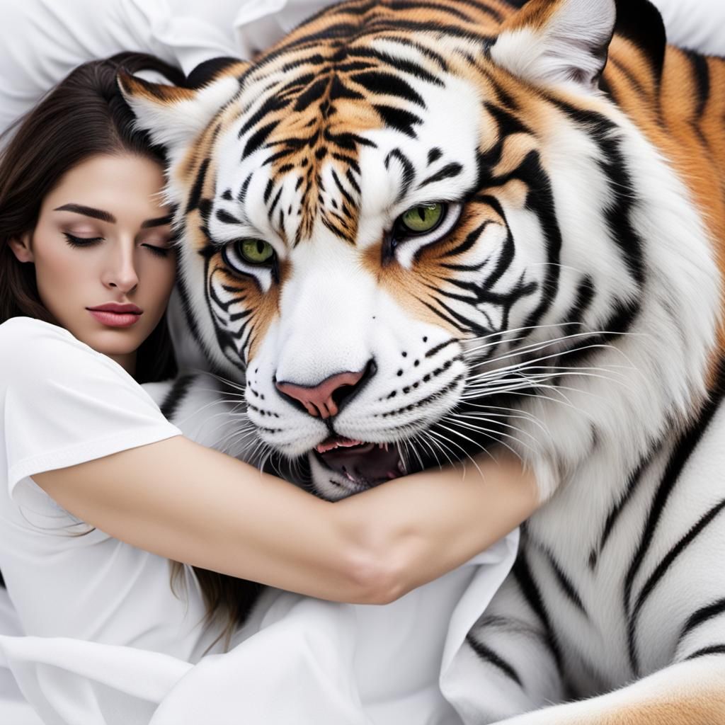 Surreal Image of Woman Sleeping with Sabre-Tooth Tiger