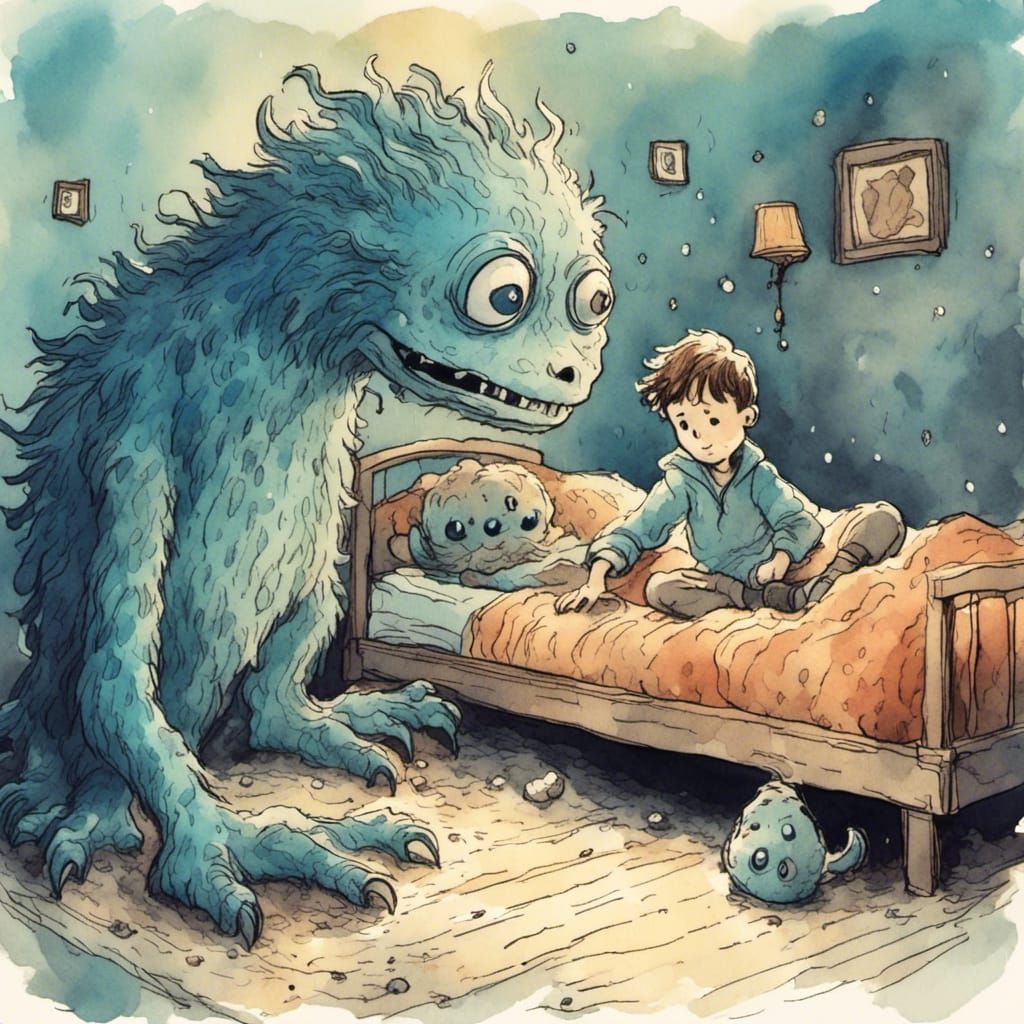 <lora:SybilThorn-LORA2:1.0> a little boy making friends with the monster under his bed