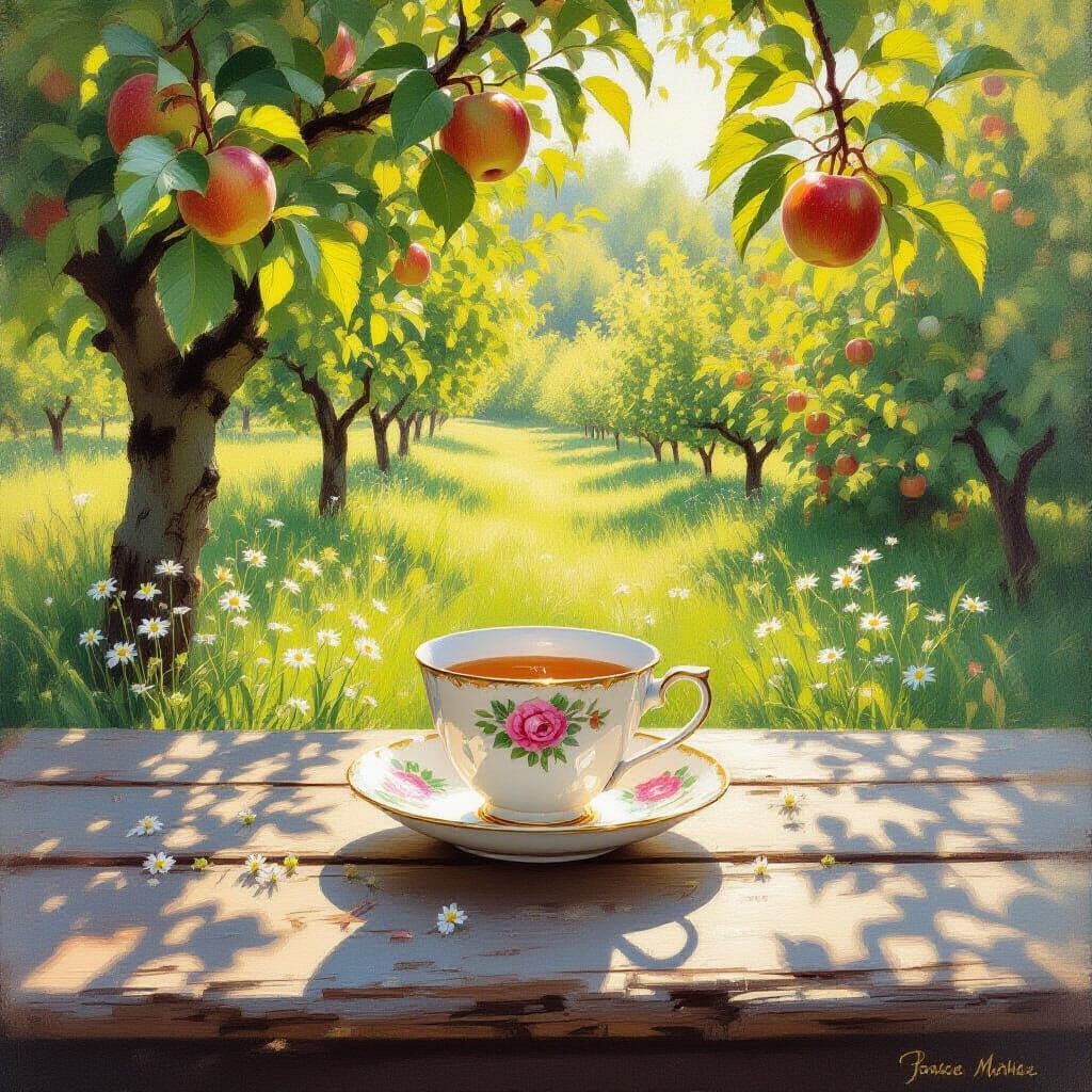 Teacup in Sun-Dappled Apple Grove, Impressionist Style